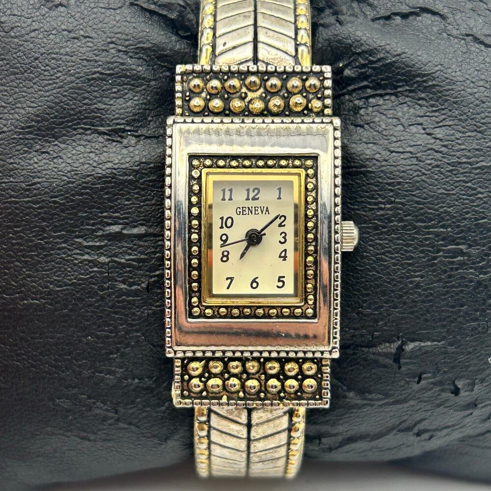Geneva Silver-tone Rectangular Dial Women’s Cuff Watch Working New Battery